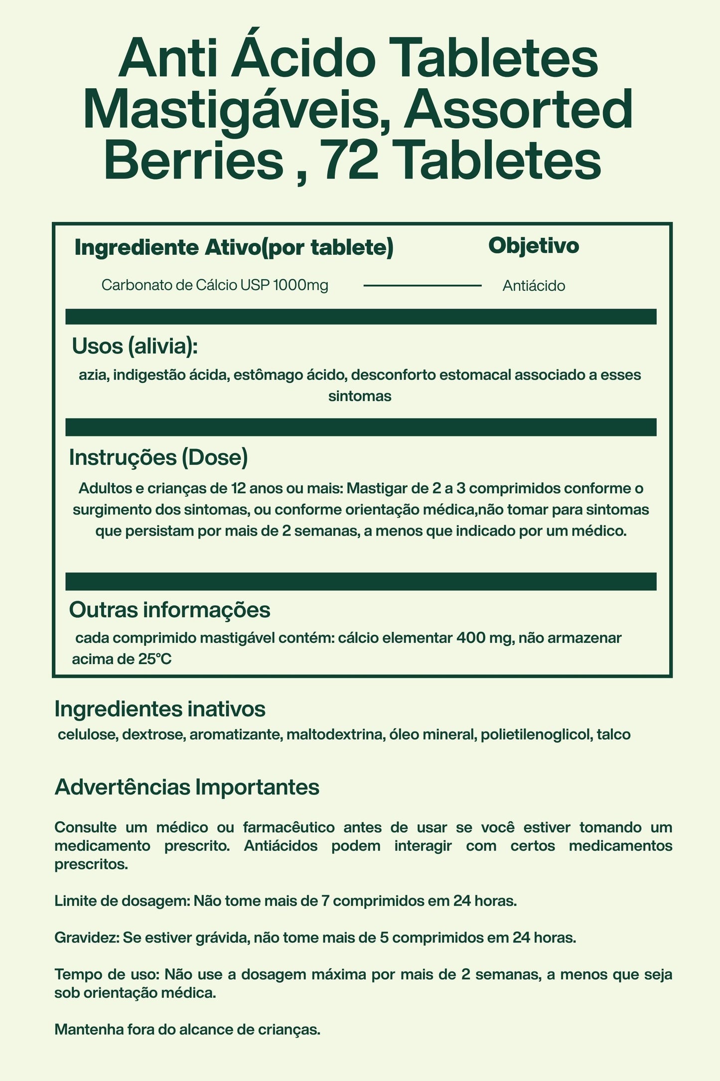 Anti Ácido Tabletes Mastigáveis, Assorted Berries , 72 Tabletes - Tums