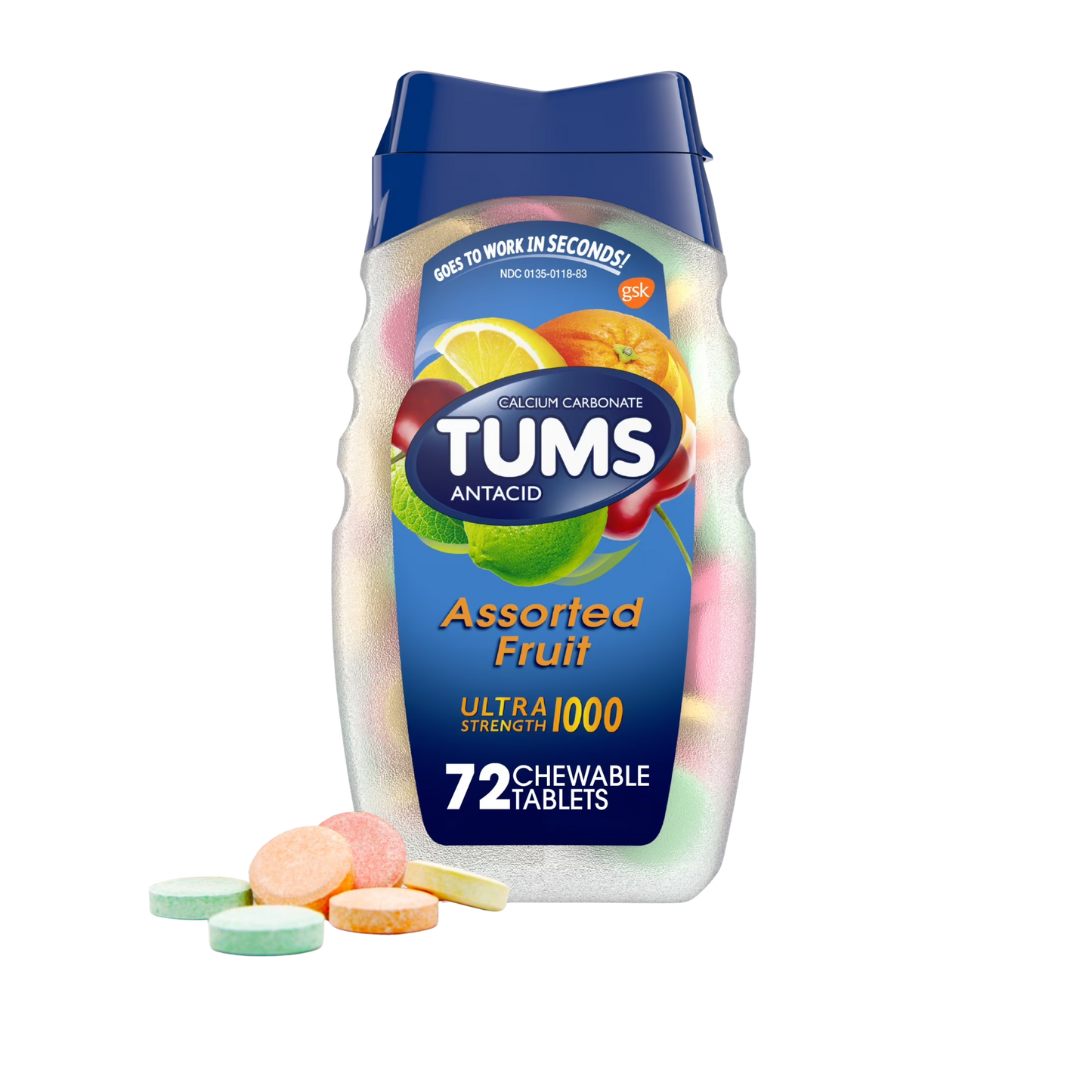 Anti Ácido Tabletes Mastigáveis, Assorted Fruit , 72 Tabletes - Tums