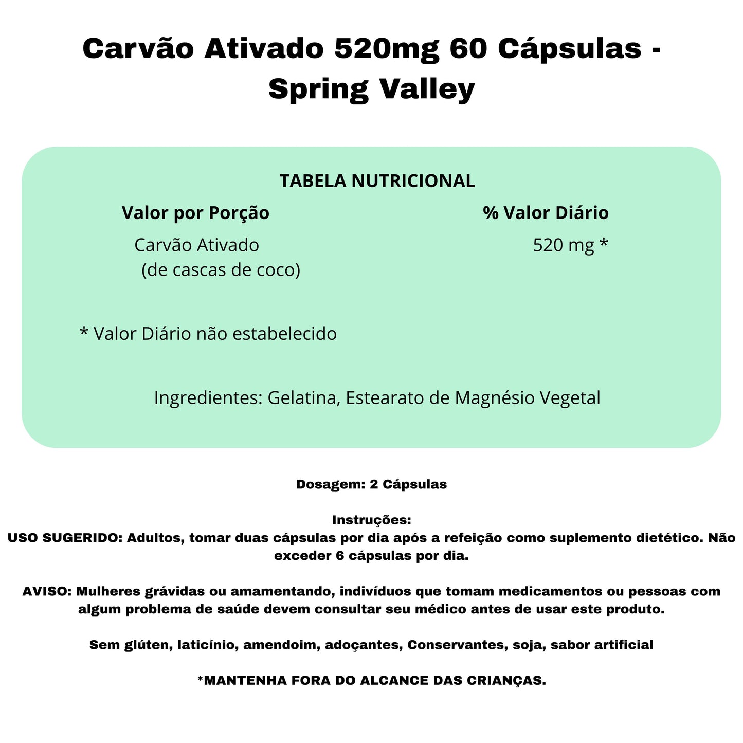 Carvão Ativado 520mg 60 Cápsulas - Spring Valley