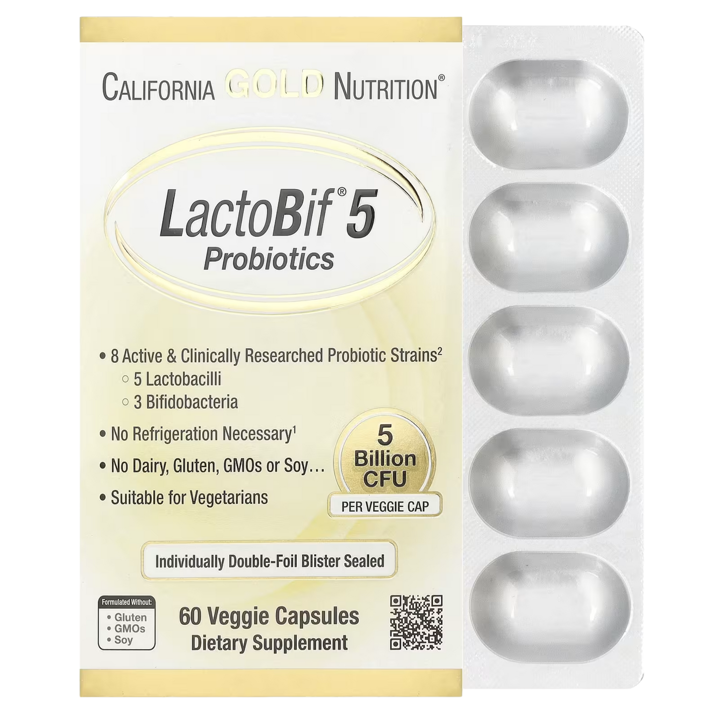 LactoBif® 5 Probióticos, 5 Bilhões de UFC, 60 Cápsulas Vegetarianas - California Gold Nutrition