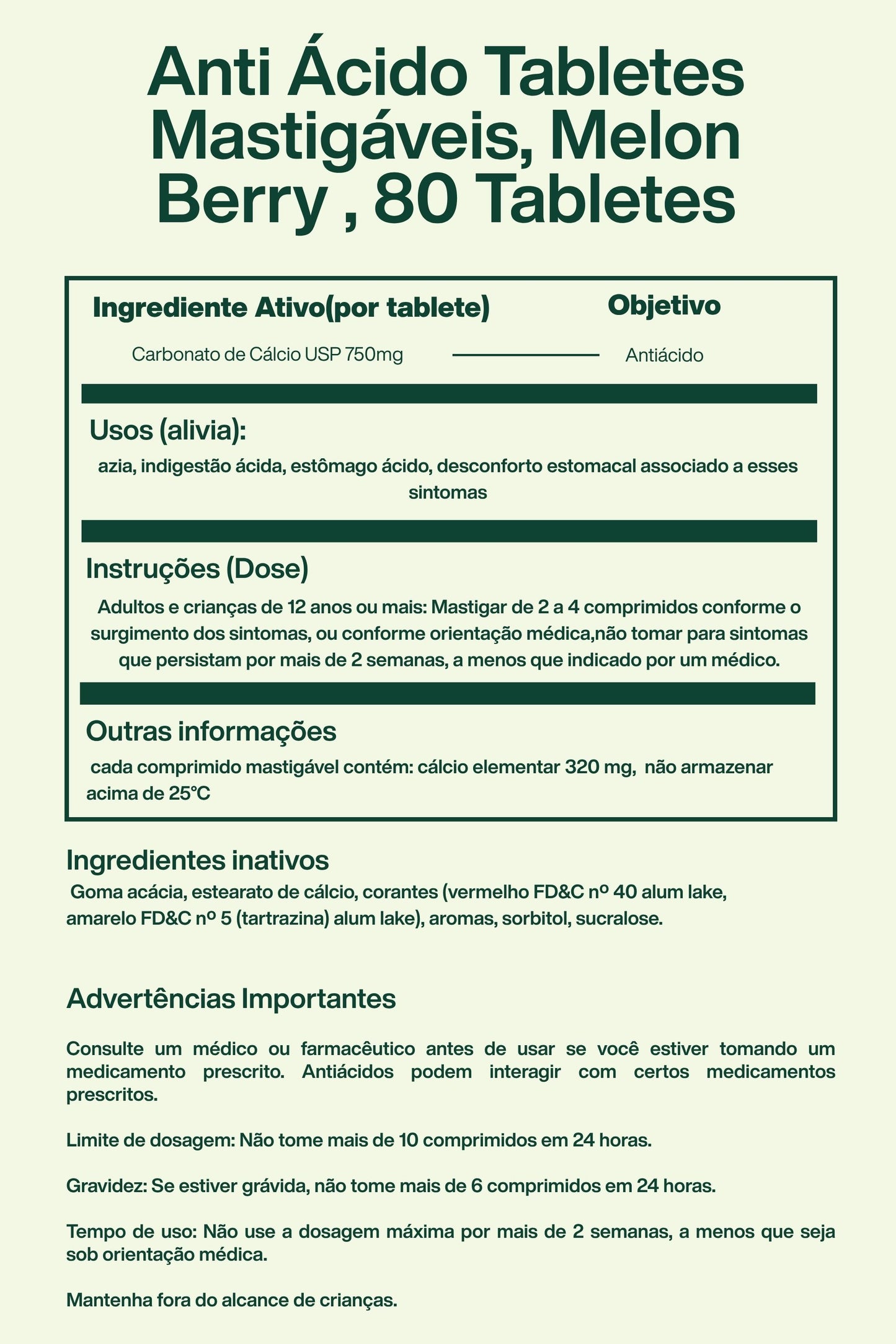 Sugar Free Anti Ácido Tabletes Mastigáveis, Melon Berry , 80 Tabletes - Tums
