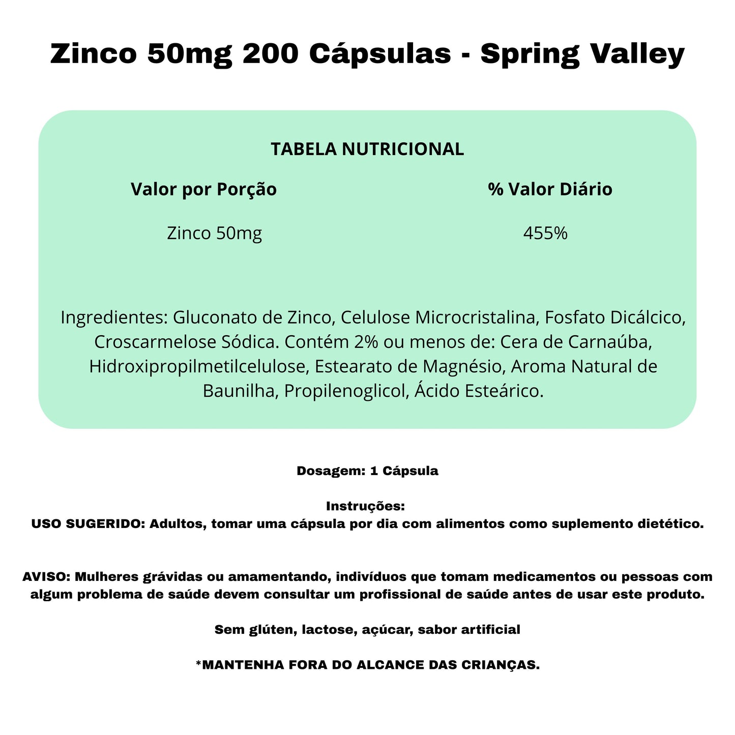Zinco 50mg 200 Cápsulas - Spring Valley