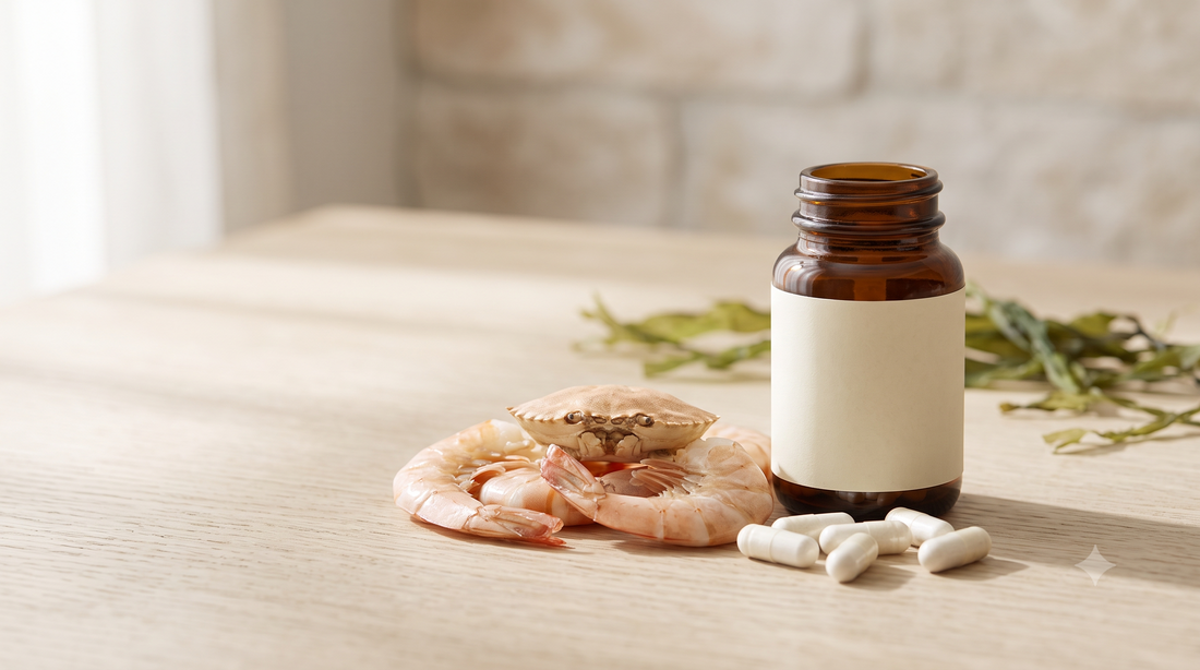 Cascas de crustáceos ao lado de cápsulas brancas e um frasco — origem da glucosamina para articulações
