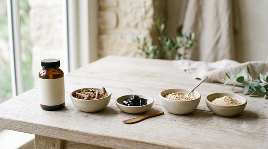 Tigelas com tongkat ali, shilajit, maca e ashwagandha — os adaptógenos da vitalidade masculina