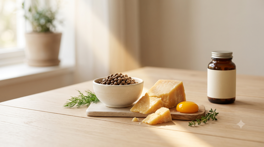 Queijo curado, soja fermentada e gema de ovo sob luz do sol — fontes de vitamina K2 e D3