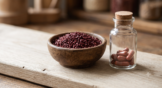Tigela de arroz de levedura vermelha ao lado de cápsulas — a monacolina K e o colesterol