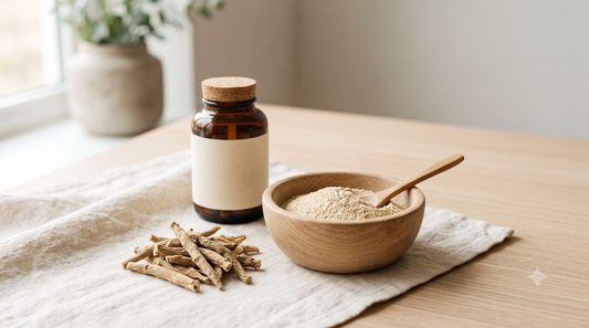 Raízes secas e pó de ashwagandha em tigela de madeira — ashwagandha para estresse e cortisol
