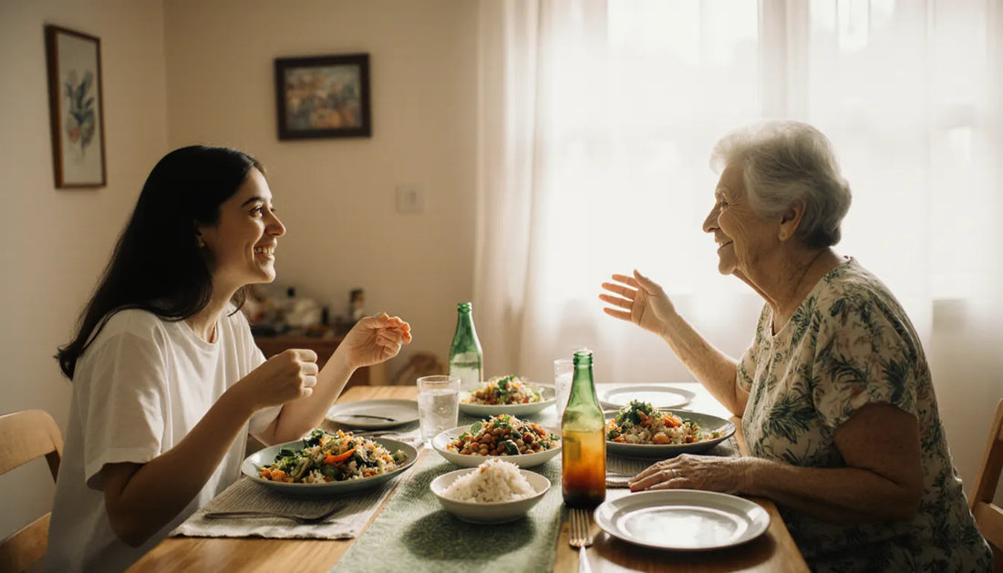 Filha vegana e mãe conversando no almoço de domingo, B12 para vegetarianos e veganos