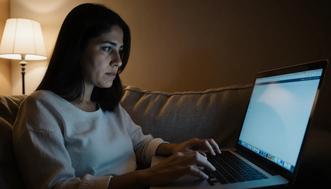 Mulher à meia-noite com três abas de promoção abertas, Black Friday de suplementos sem furada