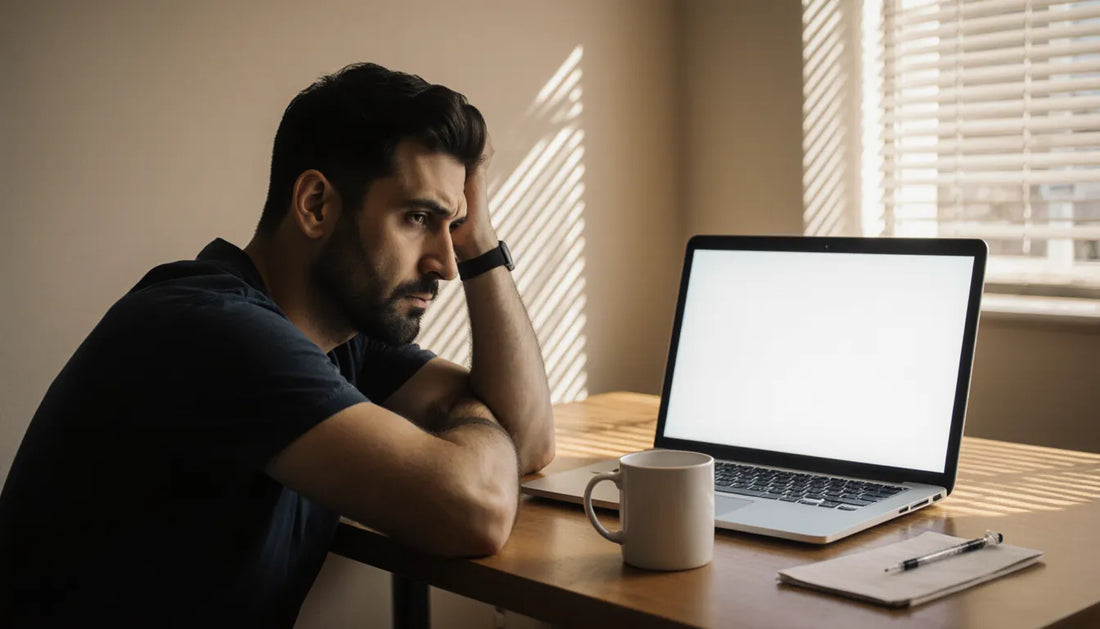 Homem no home office às 15h com sono e terceiro café, cena de cansaço à tarde