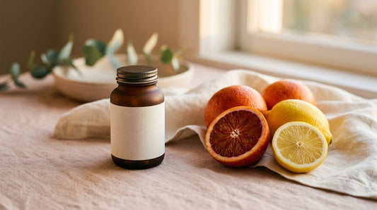 Frasco de suplemento ao lado de frutas cítricas fatiadas — colágeno com vitamina C, o cofator da síntese de colágeno