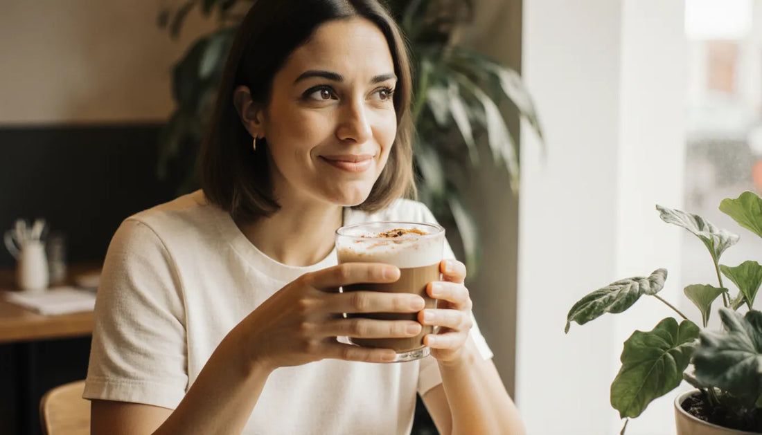 Designer curiosa com café de cogumelo na mesa, complexo de cogumelos para que serve