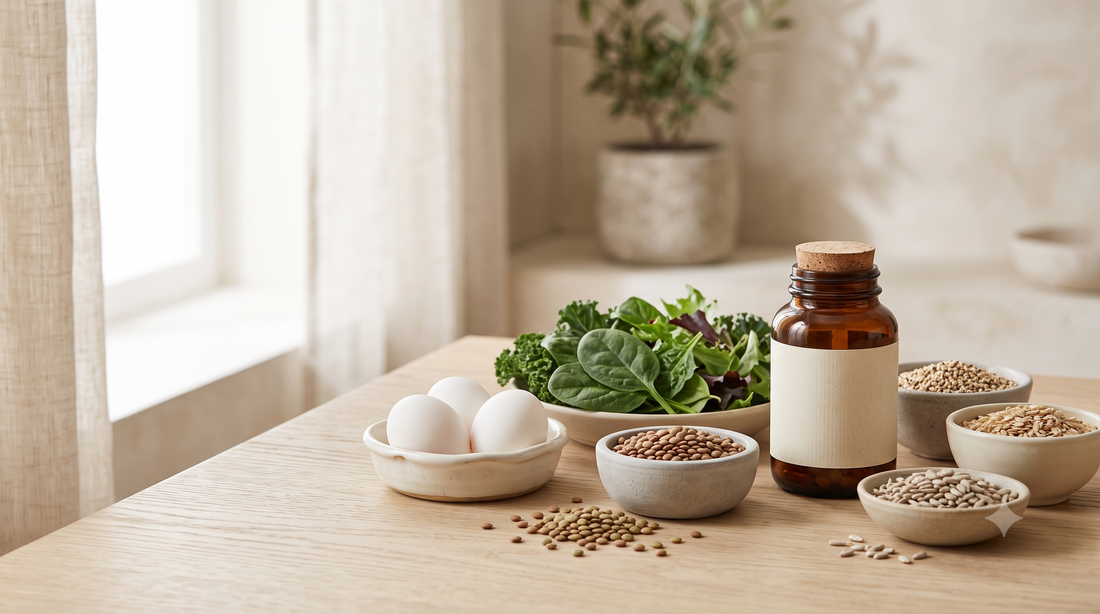 Ovos, folhas verdes, grãos integrais e lentilhas — fontes alimentares das vitaminas do complexo B