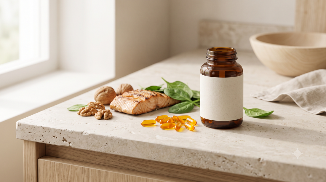 Softgels alaranjados ao lado de peixe, nozes e espinafre — fontes alimentares de CoQ10