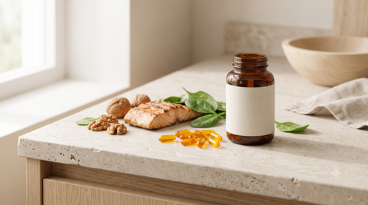 Softgels alaranjados ao lado de peixe, nozes e espinafre — fontes alimentares de CoQ10