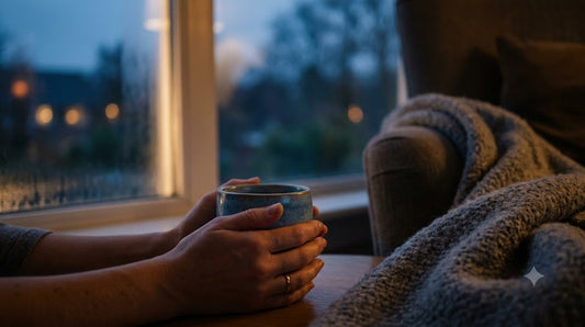 Mãos segurando uma caneca quente junto à janela ao entardecer — momento calmo de redução do estresse e do cortisol