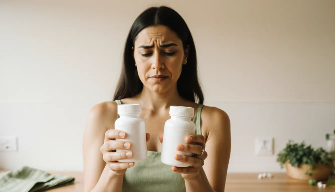 Mulher comparando cápsulas de cranberry 500 ou 15.000 mg do mesmo tamanho na farmácia