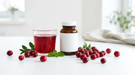 Cranberries frescas vermelhas e um frasco de suplemento — cranberry para prevenção de infecção urinária de repetição