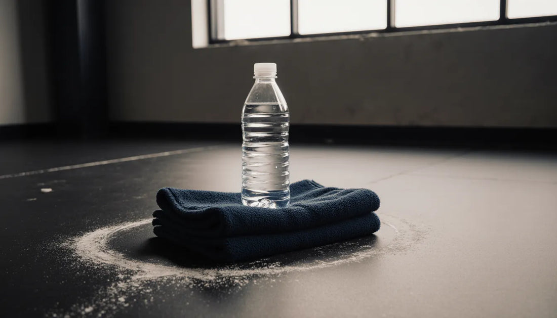 Garrafa de água e toalha dobrada no piso de uma academia ao amanhecer
