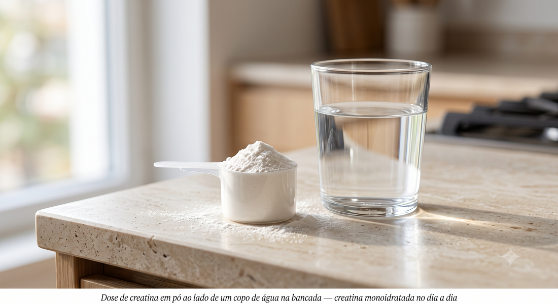 Dose de creatina em pó ao lado de um copo de água na bancada — creatina monoidratada no dia a dia