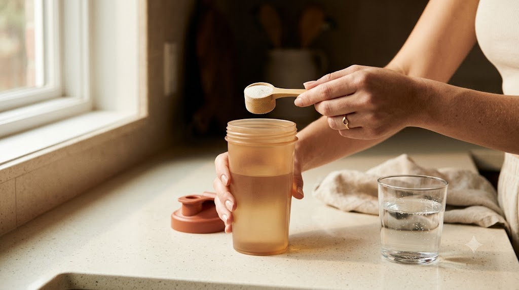 Mãos femininas com uma dose de creatina em pó sobre a bancada da cozinha — creatina para mulheres, músculo e cérebro