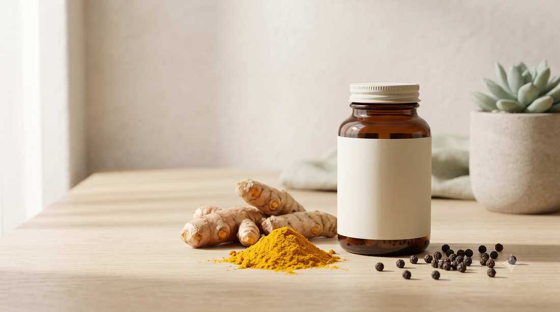 Raiz de cúrcuma, pó dourado e grãos de pimenta-preta — cúrcuma com piperina para absorção
