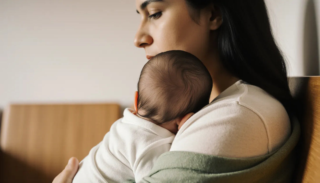 Mãe com bebê no colo na sala de espera do pediatra, DHA para bebê para que serve