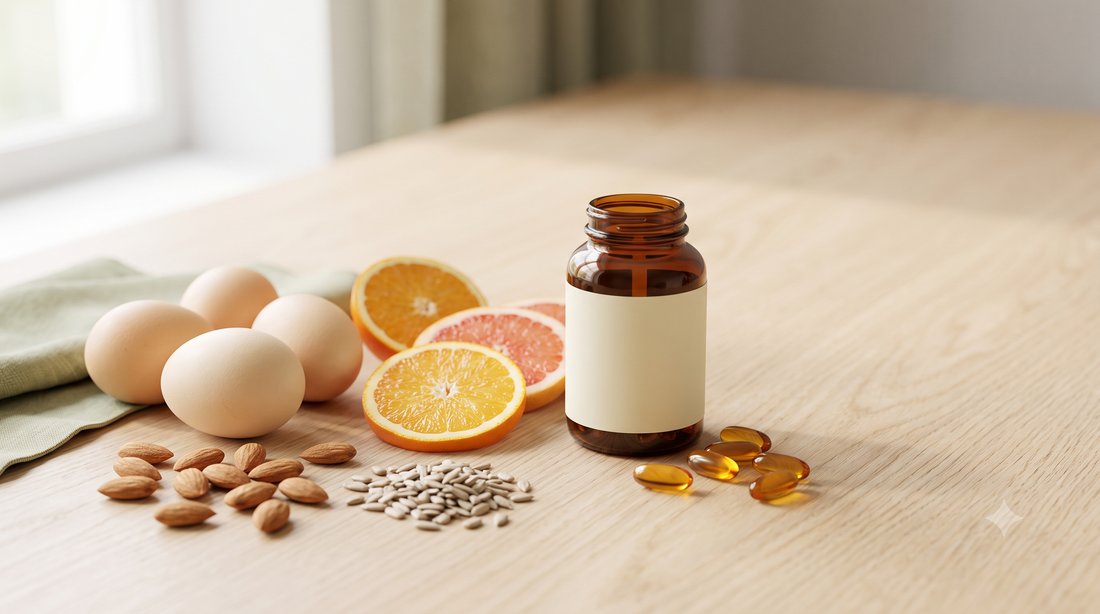 Ovos, amêndoas, sementes de girassol e frutas cítricas ao lado de softgels — biotina, colágeno e vitamina C