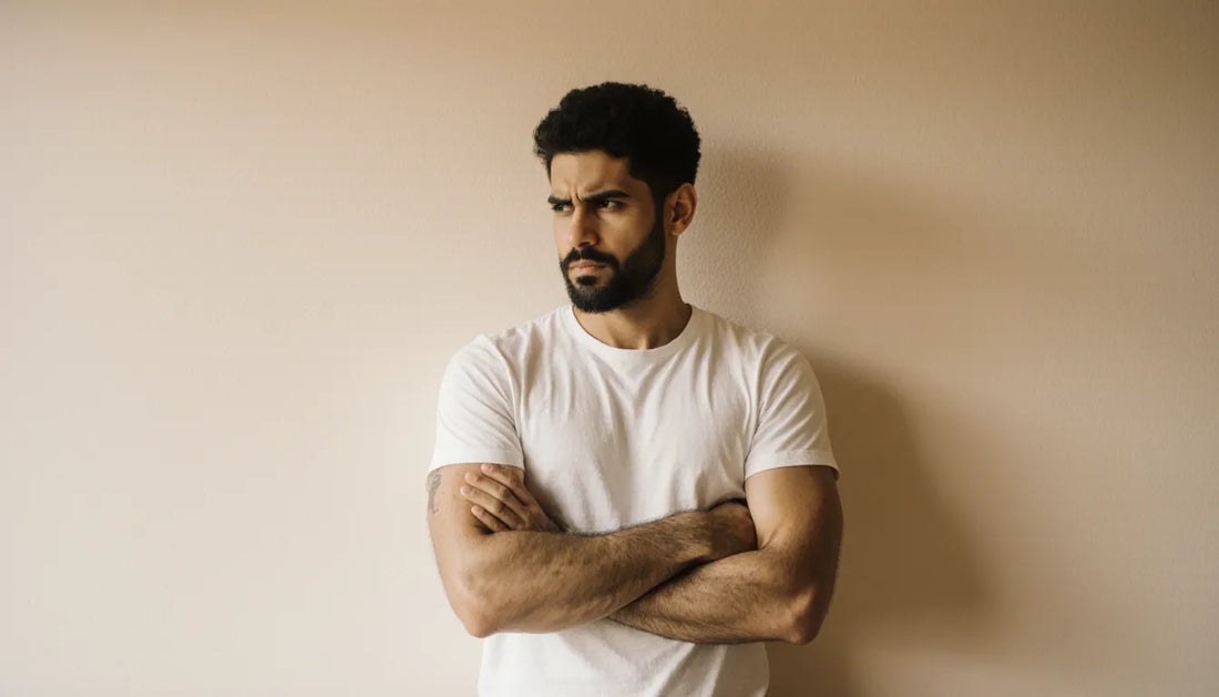 Jovem cético diante do pôster da academia, L-carnitina para que serve