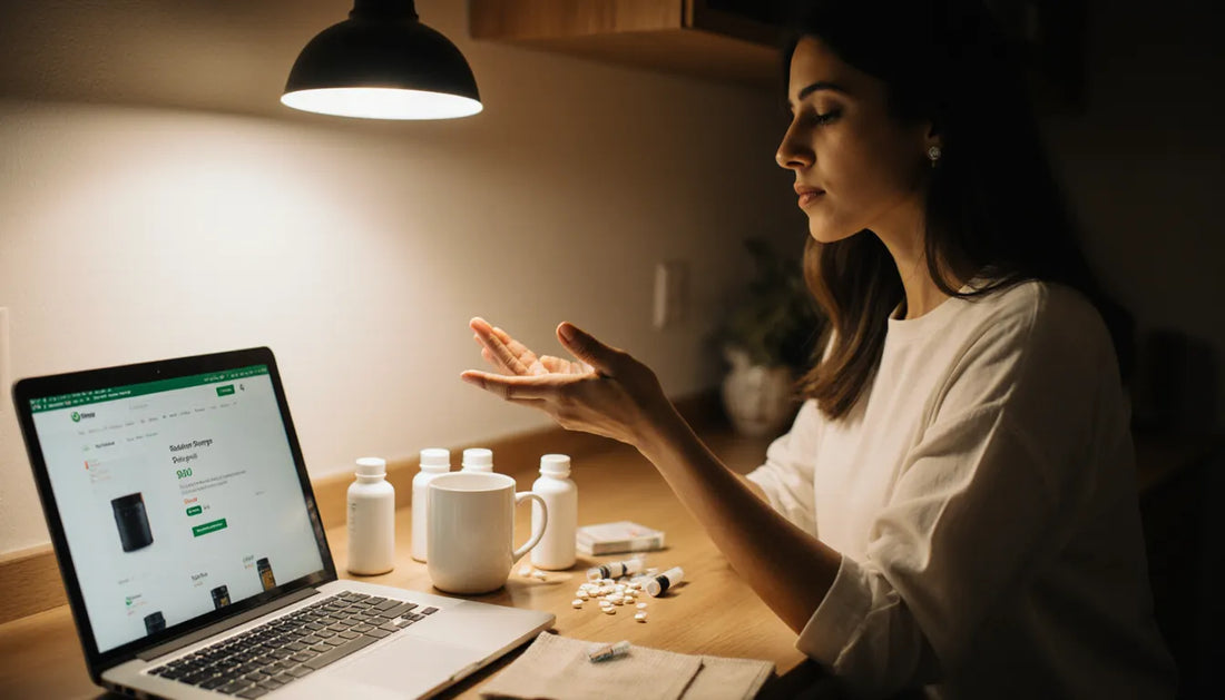 Mulher comparando três frascos de melatonina 3mg, 5mg ou 10mg diante do notebook na cozinha à noite