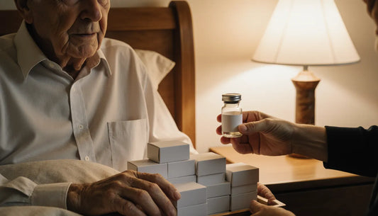 Idoso com gaveta cheia de remédios recebendo frasco de melatonina, interações medicamentosas