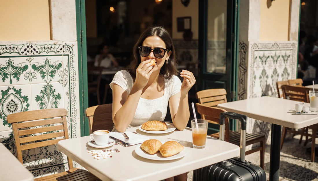 Viajante sonolenta em café de Lisboa pela manhã, cena de melatonina e jet lag
