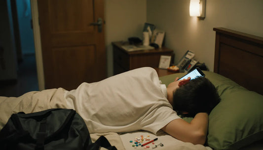 Adolescente de costas na cama com celular à meia-noite, cena de melatonina para adolescente
