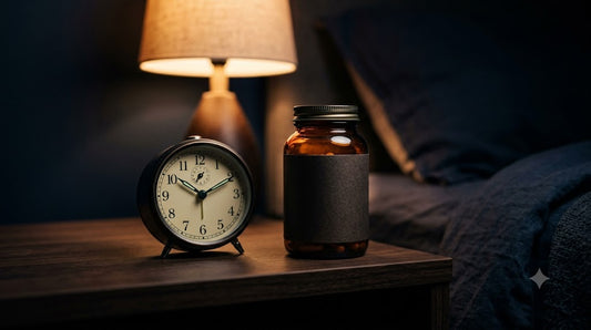 Frasco de melatonina e relógio em mesa de cabeceira à noite com luz baixa — melatonina como sinal de horário para o sono