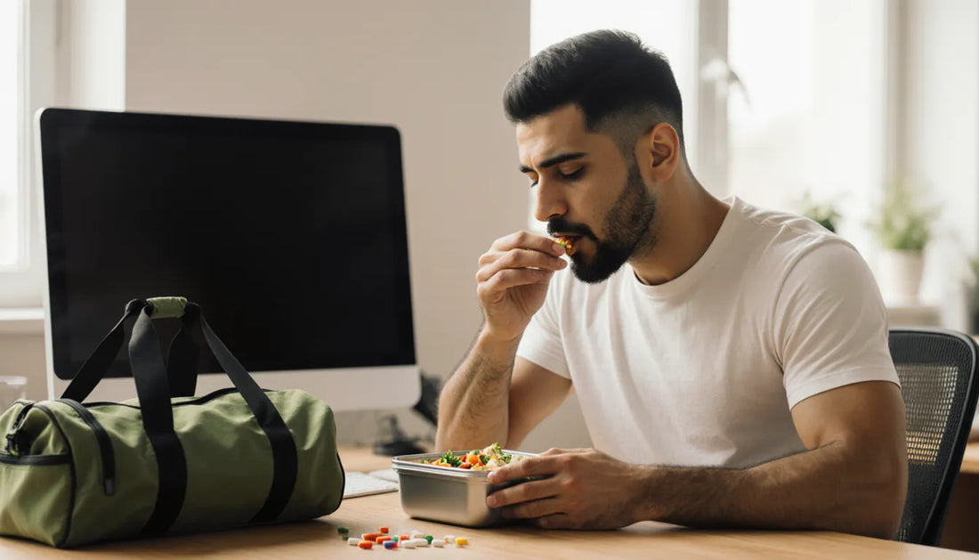 Homem almoçando marmita no escritório com dúvida sobre multivitamínico masculino