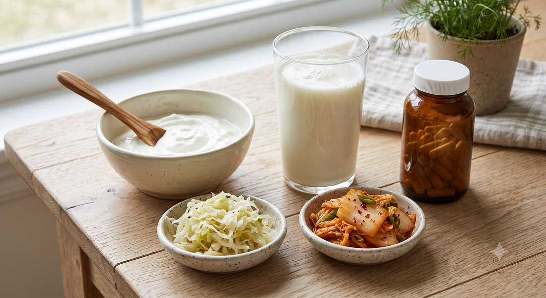 Iogurte, kefir, chucrute e kimchi em tigelas — alimentos fermentados e probióticos para o intestino