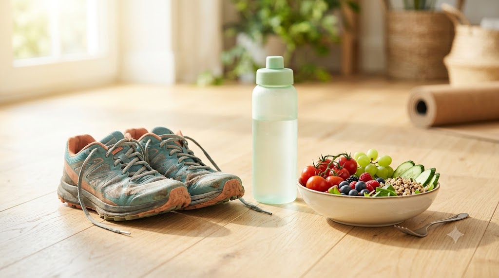 Tênis de corrida, garrafa de água e tigela de alimentos frescos ao sol — rotina saudável de projeto verão