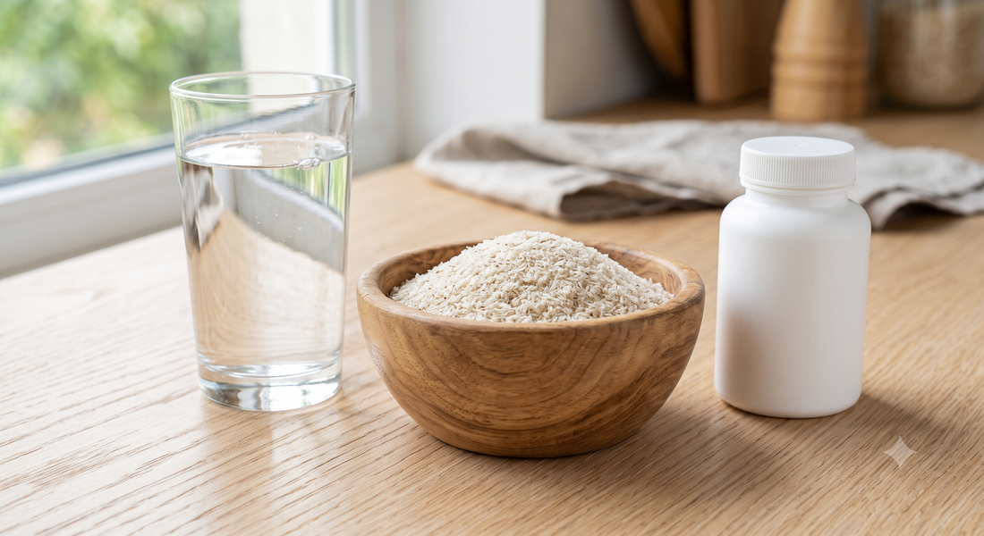 Tigela de casca de psyllium ao lado de um copo de água — fibra de psyllium e a importância da água