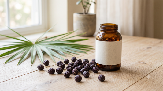 Frutos de saw palmetto e folhas de palmeira ao lado de um frasco de softgels — saw palmetto para saúde da próstata