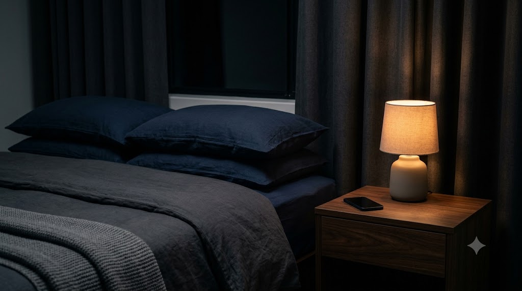 Quarto escuro e silencioso à noite com luz baixa e celular longe da cama — fundamentos do sono que o sleepmaxxing recicla