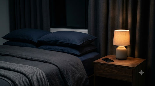 Quarto escuro e silencioso à noite com luz baixa e celular longe da cama — fundamentos do sono que o sleepmaxxing recicla