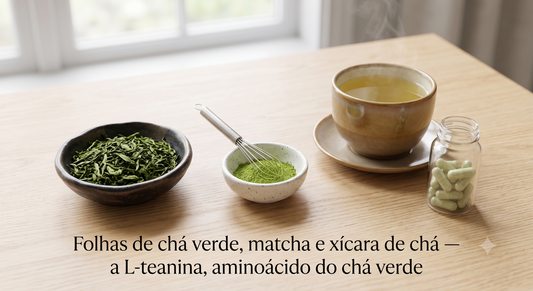 Folhas de chá verde, matcha e xícara de chá — a L-teanina, aminoácido do chá verde