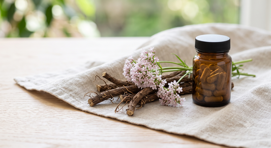 Raízes secas e flores de valeriana sobre tecido de linho — valeriana, a erva tradicional do sono