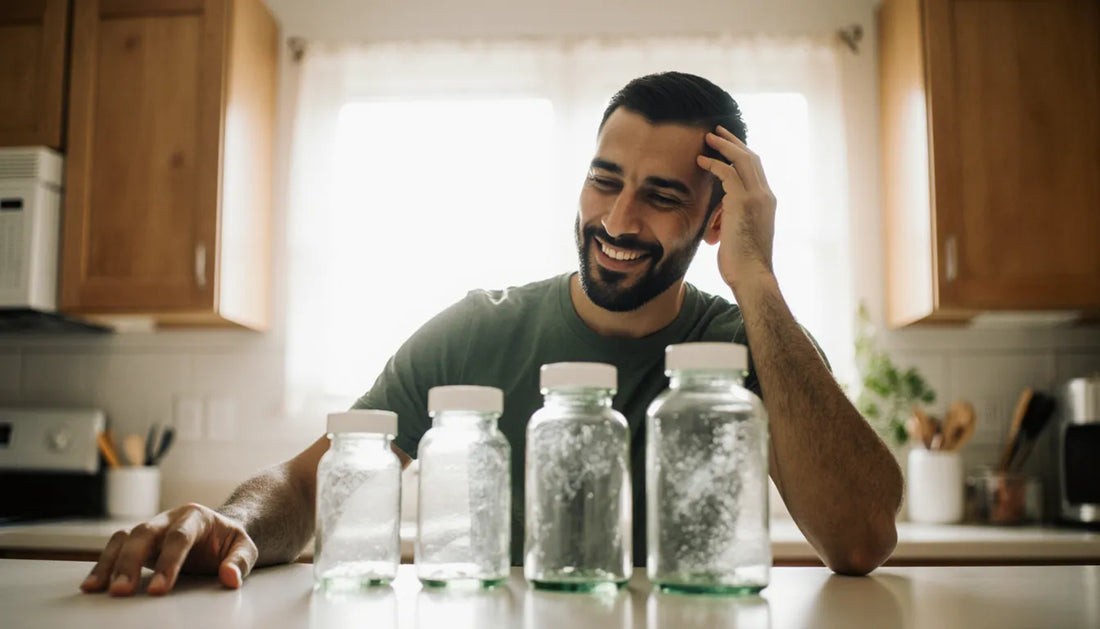 Homem diante de quatro frascos de vitamina B12 de doses diferentes na loja
