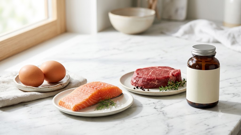 Ovos, salmão e carne vermelha ao lado de um frasco de suplemento — fontes de vitamina B12 de origem animal