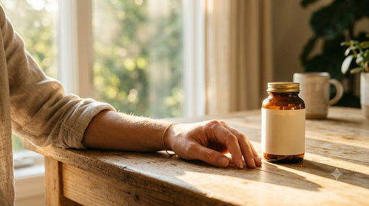 Luz do sol da manhã sobre a pele de um braço em ambiente interno ao lado de um frasco de suplemento — vitamina D e o paradoxo do sol
