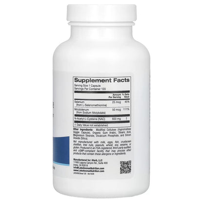 NAC N-acetil Cisteína + Selênio Molibdênio 600 mg 120 Capsulas Veganas - Lake Avenue Nutrition