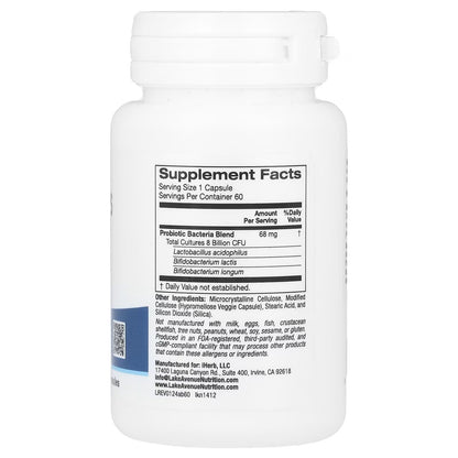 Probiotico Acidophilus & Bifidus 8 Bilhões de UFCs 60 Capsulas Veganas - Lake Avenue Nutrition