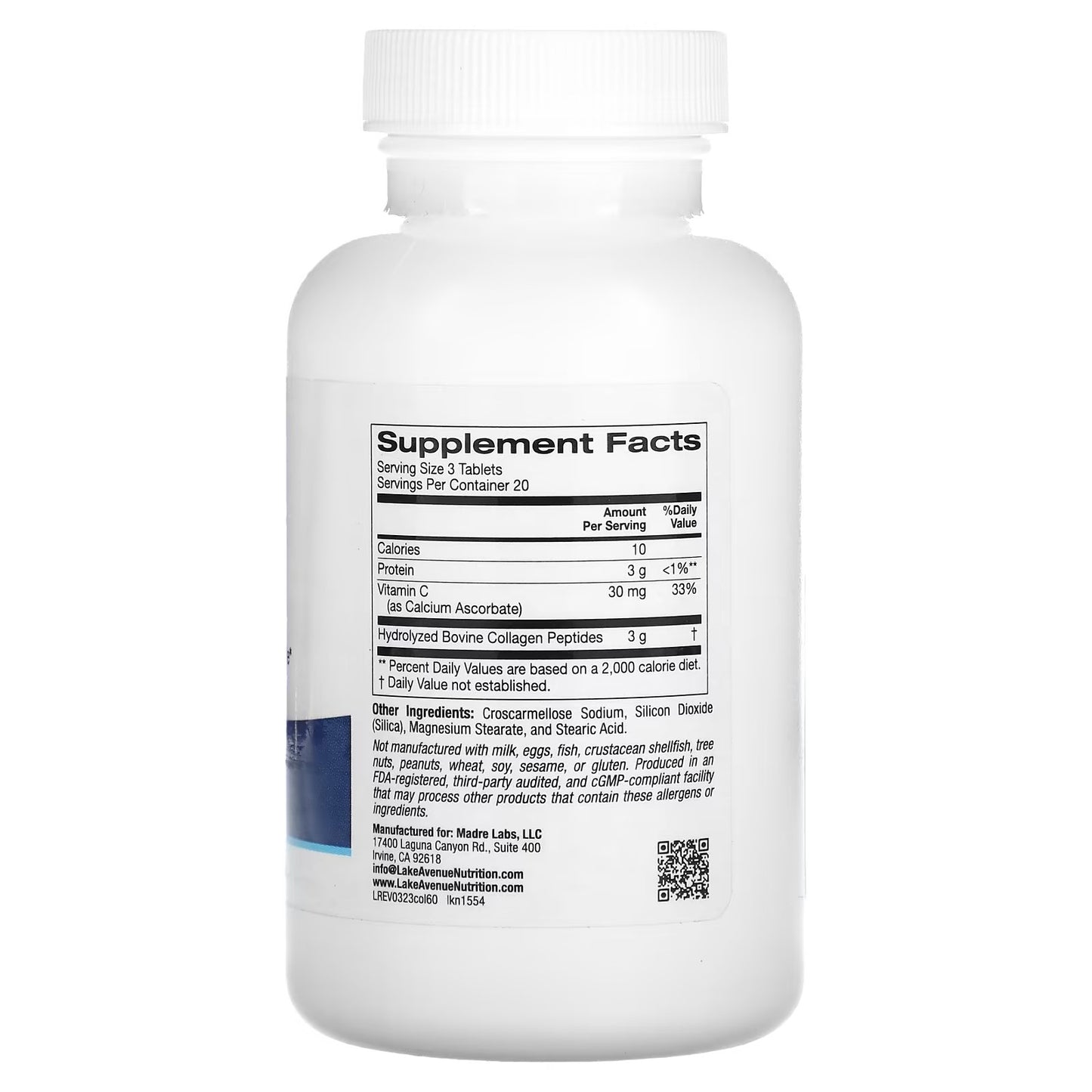 Colageno Hidrolisado Tipos 1 e 3 1.000 mg 60 Tabletes - Lake Avenue Nutrition