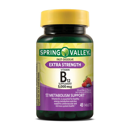 Vitamina B12 Extra Forte, 5000 mcg, 45 Tabletes, Frutas Vermelhas - Spring Valley